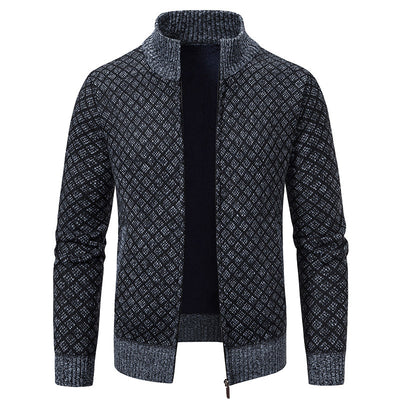 Thickened Plaid Print Jacket Cardigan Fashion Slim Fit Zipper Stand Collar Sweater Winter Men's Casual Long Sleeve Knitted Top Clothing