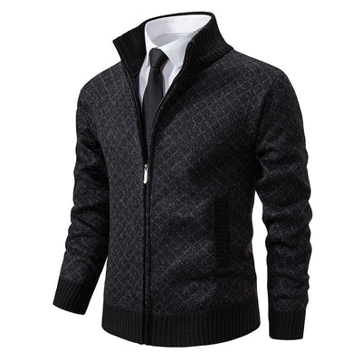Thickened Plaid Print Jacket Cardigan Fashion Slim Fit Zipper Stand Collar Sweater Winter Men's Casual Long Sleeve Knitted Top Clothing