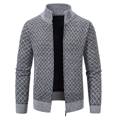 Thickened Plaid Print Jacket Cardigan Fashion Slim Fit Zipper Stand Collar Sweater Winter Men's Casual Long Sleeve Knitted Top Clothing