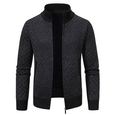 Thickened Plaid Print Jacket Cardigan Fashion Slim Fit Zipper Stand Collar Sweater Winter Men's Casual Long Sleeve Knitted Top Clothing
